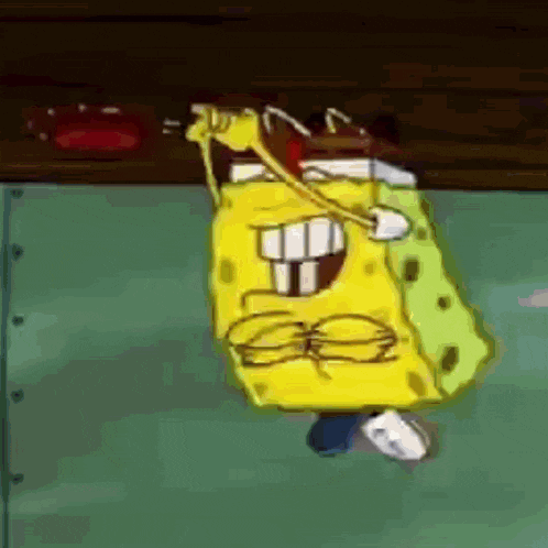 a cartoon of spongebob wearing glasses and a bag