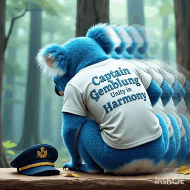 a blue koala bear wearing a captain gembling unity in harmony t-shirt