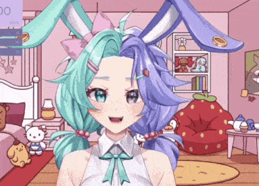 a girl with bunny ears is standing in a room with stuffed animals