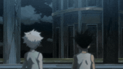 a cartoon character with white hair and blue eyes stands in front of a dark cloudy sky