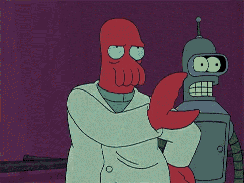 bender from futurama stands next to a cartoon character