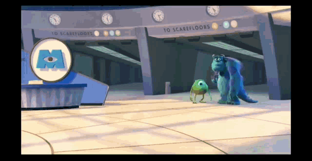 two monsters from the movie monsters inc standing in front of a sign that says to scarefloors