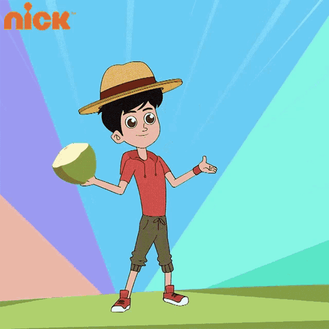 a cartoon of a boy wearing a straw hat and a red shirt with the nick logo in the background