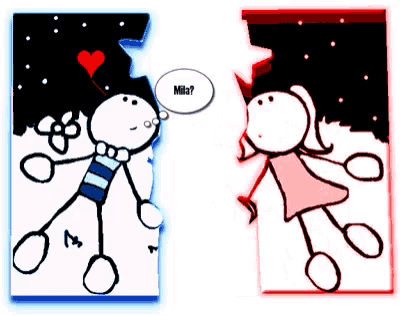 a cartoon of a boy and a girl with a speech bubble that says " mila "