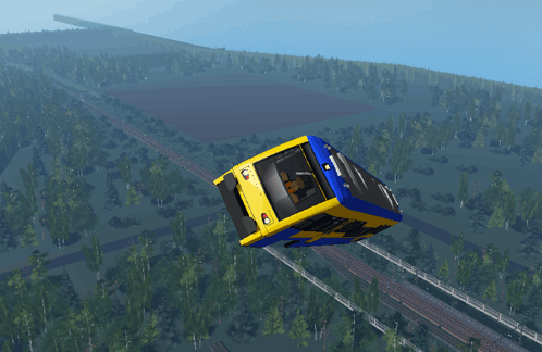 a blue and yellow train is flying in the air