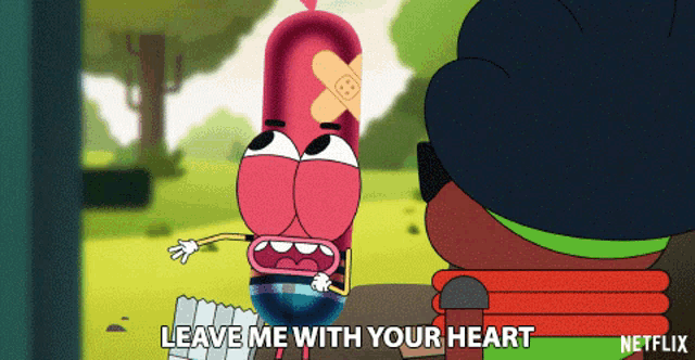 a cartoon character with a bandage on his face says " leave me with your heart "