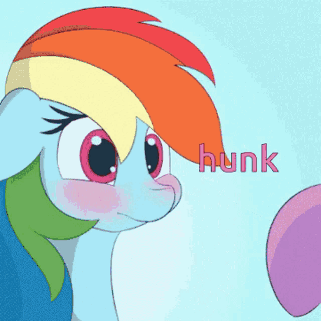a rainbow dash cartoon says hunk next to a balloon