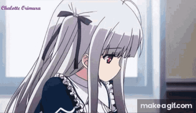 a girl with long white hair and a bow in her hair is looking down .