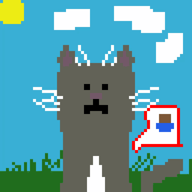 a pixel art drawing of a cat standing in a grassy field
