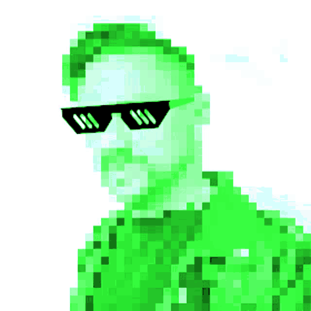 a pixel art of a man wearing sunglasses and a purple shirt