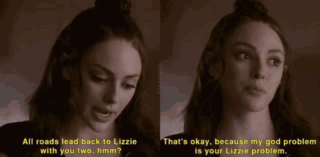 two pictures of a woman with a caption that says all roads lead back to lizzie with you two hmm
