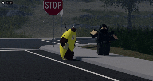 a stop sign with a banana on the sidewalk in front of it