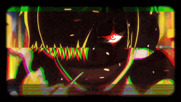 a glitch effect of a cartoon character with red eyes and teeth