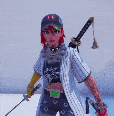 a girl with red hair is holding two swords and wearing a baseball cap