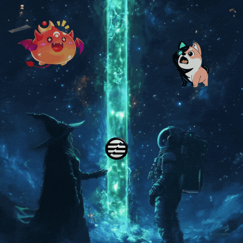 a cartoon of a witch a dog and a dragon with a circle that says ' a ' on it