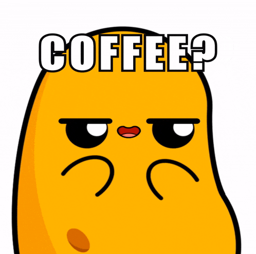 a yellow cartoon character with a sad face and the words coffee written above it
