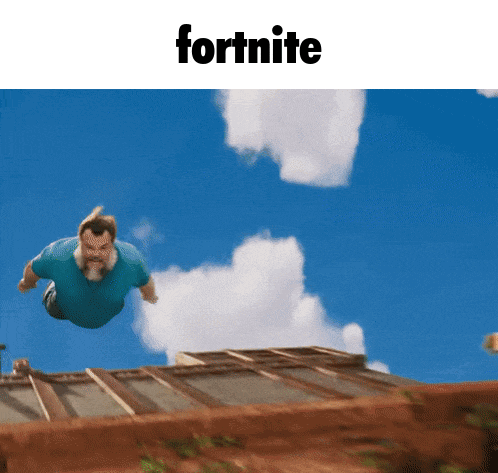 a man in a blue shirt is flying through a blue sky with the word fortnite below him