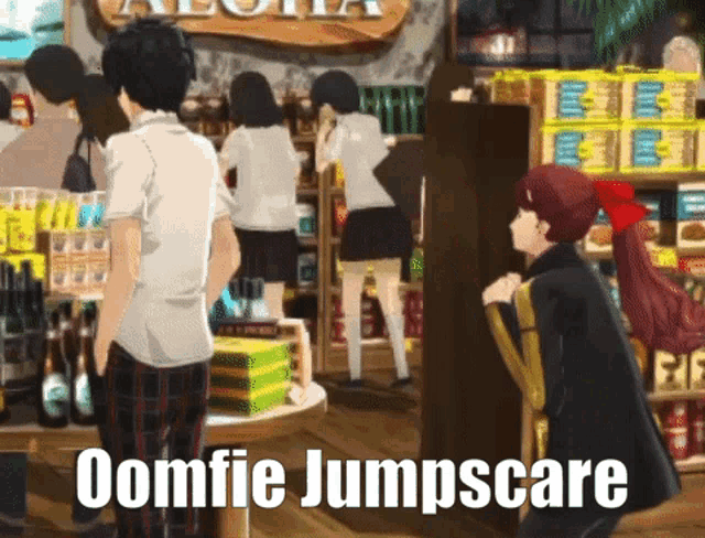 a group of people are standing in a store with the words oomfie jumpscare on the bottom