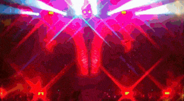 a purple and red background with a person standing in the middle of it