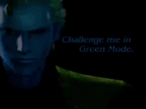 a man in a green jacket with the words challenge me in green mode