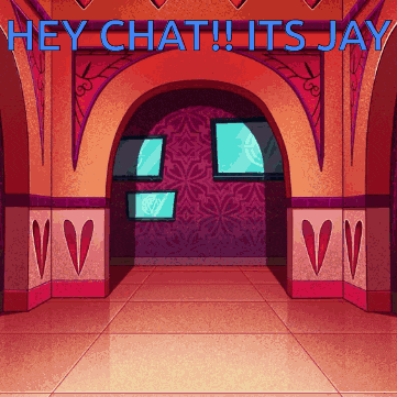 a cartoon drawing of a room with the words hey chat its jay