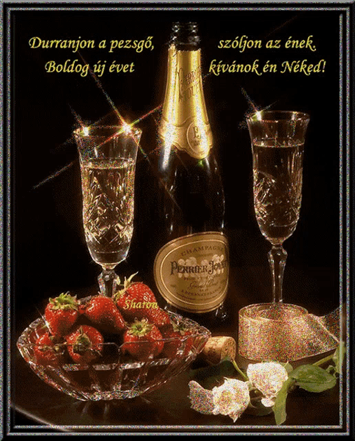 a bottle of perrier jouet sits next to a bowl of strawberries and two glasses