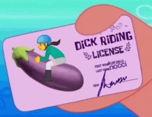 a person is holding a dick riding license with a picture of a woman riding an eggplant .