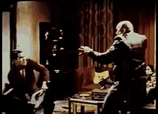 two men are fighting in a living room with a cat on their back .