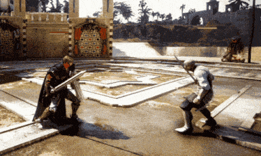 a man holding a sword stands next to another man holding a sword in a video game