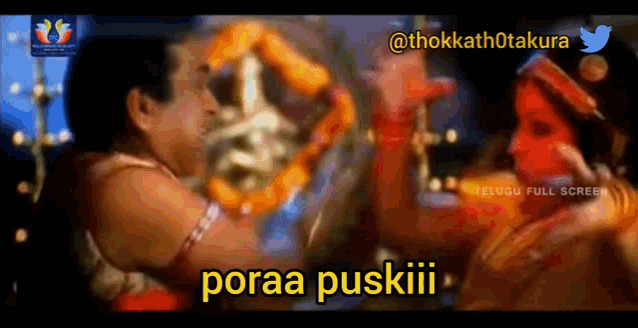 a man and a woman are dancing with the words poraa puskiii