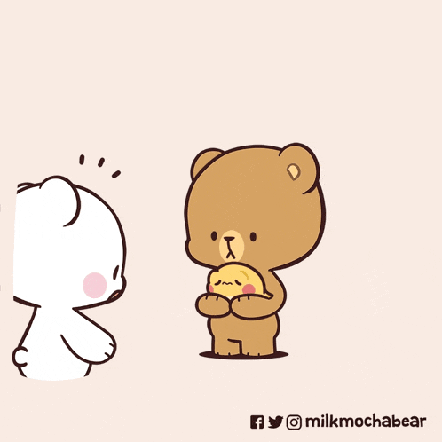a cartoon of two teddy bears sitting at a table with a cat bowl