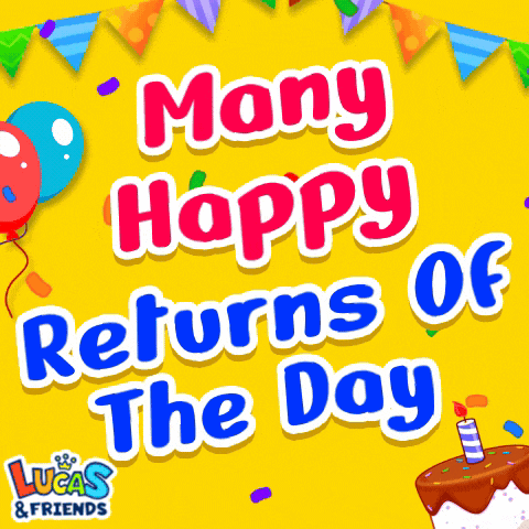 a yellow sign that says many happy returns of the day with balloons and a cake