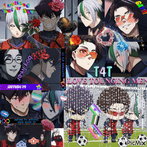 a collage of anime characters with the words t4t love young men on the top