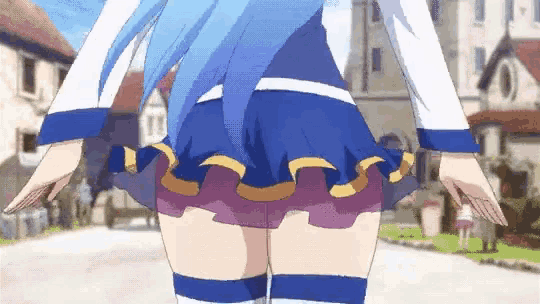 a girl with blue hair and a blue skirt is standing in front of a building .