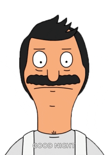 a cartoon man with a mustache and a white shirt that says good night