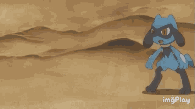 a blue and black cartoon character is standing on one leg in the sand .