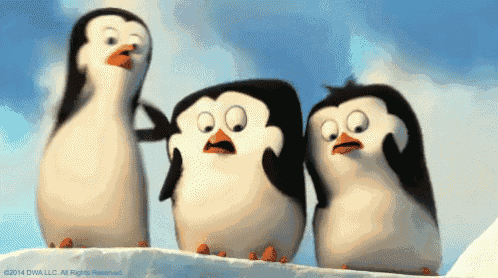 three penguins are standing next to each other on an iceberg with the copyright 2014 dwa llc all rights reserved
