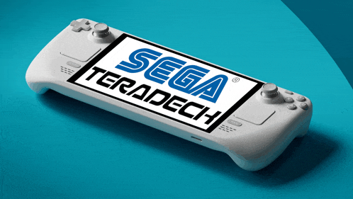 a white sega teradech game controller on a blue background