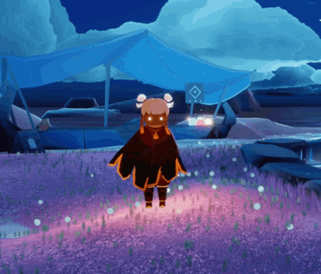 a cartoon character is standing in a field of purple grass
