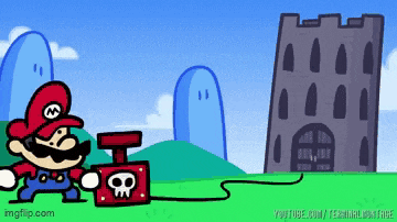 a cartoon of mario holding a skull and crossbones item