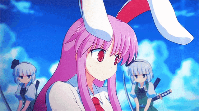 a girl with pink hair and white bunny ears stands next to two other girls