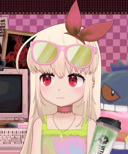 a girl wearing sunglasses is holding a cup that says " witch " on it