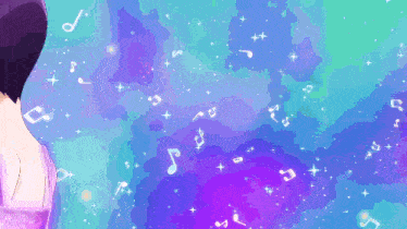 a woman in a pink dress is surrounded by musical notes and stars