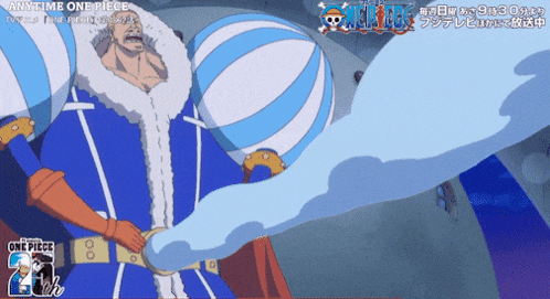 a poster for one piece shows a man holding a blue and white balloon