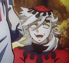 a close up of a cartoon character with a red hat and white hair