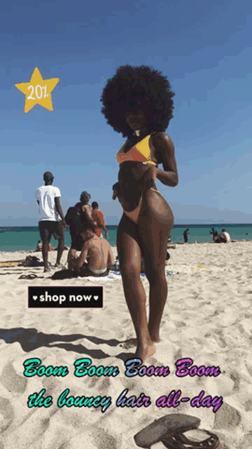 a woman in a bikini stands on a beach with the words boom boom boom the bounty hair all day