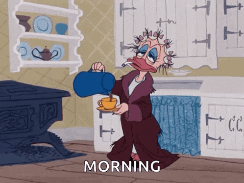 a cartoon of a woman pouring a cup of coffee with the words morning below her