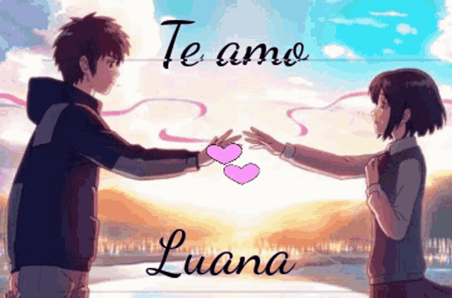 a boy and a girl are holding hands with the words te amo luana