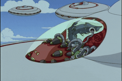 a cartoon drawing of a space ship with flying saucers in the sky