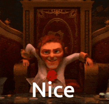 a cartoon character is sitting on a throne and the word nice is on the bottom